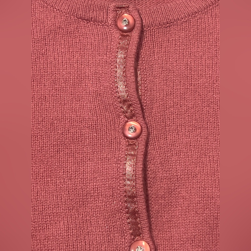 100% Cashmere Dusty Rose Crystal Button Dainty Ribbon 3/4 sleeve Cardigan XS - Picture 4 of 7